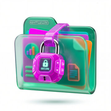 3D glassmorphism secure file folder with digital padlock. Encrypted confidential data protection, cyber security concept and privacy UI asset isolated on pure white.