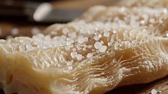 Closeup of sea salt crystals being sprinkled on food.