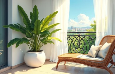 Obraz premium Potted banana plant grows on city balcony with sunlit chair overlooking urban landscape. Lush green leaves add tropical vibe to outdoor terrace. Bright daytime scene with clean white curtains.