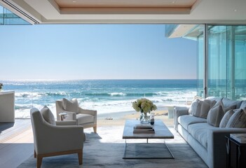 Fototapeta premium Luxurious living room with ocean view, large windows, and a bright, sunny ambiance