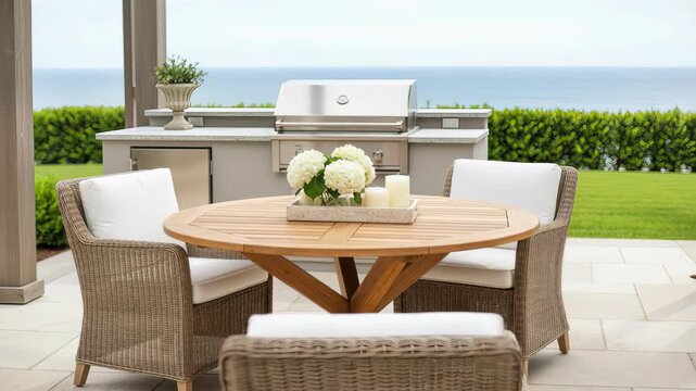 Upscale outdoor patio featuring elegant wooden dining furniture and a modern barbecue grill island with a stunning ocean view, creating a perfect space for luxury living and summer relaxation