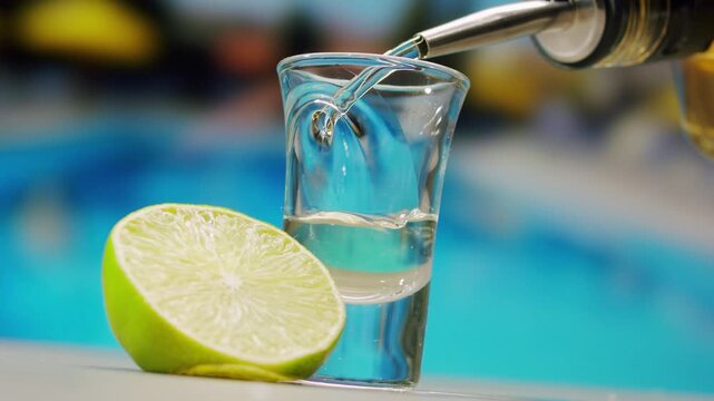 Mexican Tequila Mezcal pouring with lime and salt on a stone table. Strong vodka rum alcoholic drink is poured from a bottle into a shots.