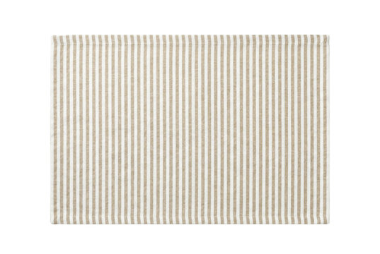 Tan and white striped linen placemat top view isolated. Kitchen textile mockup.