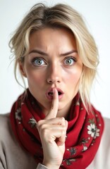 Fototapeta premium Blonde woman with wide eyes holds finger to lips in shushing gesture. She asks for quiet or secrecy, expressing surprise or concern with her facial expression and mouth.