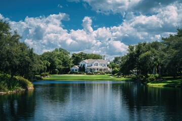 Fototapeta premium Luxurious mansion by a tranquil lake, under a vibrant blue sky with fluffy clouds