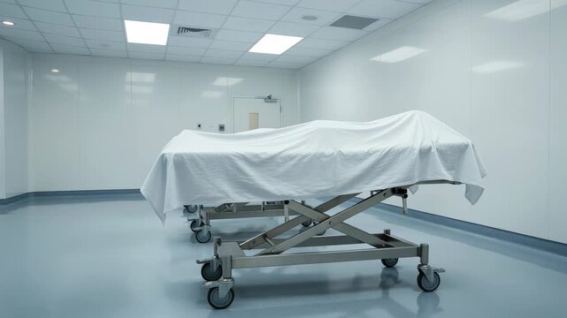Unidentified corpses lying on gurneys and covered with white sheets in a cold, sterile morgue. The camera slowly pans across the room, creating a somber and chilling atmosphere