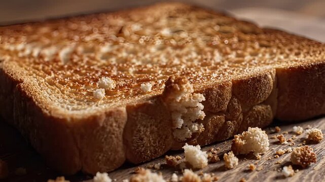 Closeup of Toasted Bread Crumbs Falling on Wooden Surface.