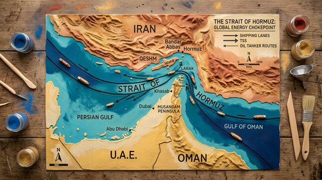 Strait of Hormuz's Artistic Depiction: A meticulously crafted wooden map showcasing the strategic importance of the Strait of Hormuz, a critical global energy chokepoint.