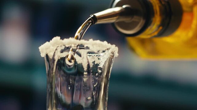 Mexican Tequila Mezcal pouring with lime and salt on a stone table. Strong vodka rum alcoholic drink is poured from a bottle into a shots.