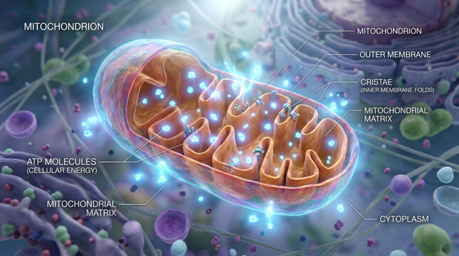 Mitochondrion Structure with ATP Energy Production and Cellular Respiration Medical Illustration