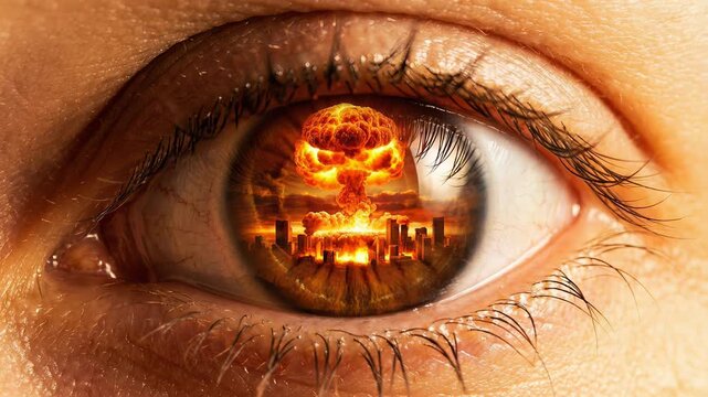 Extreme close up of a human eye showing the reflection of a city being destroyed by a nuclear bomb explosion, representing the horror of war, apocalypse, doomsday, and global catastrophe