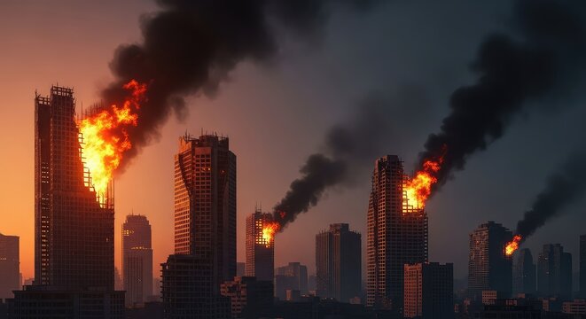 A desolate urban skyline filled with crumbling skyscrapers engulfed in orange flames and thick black smoke billowing into a dark hazy sky, gloom, smog, inferno