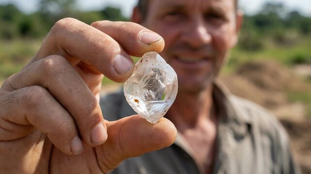 Caucasian male miner proudly showing a big uncut raw diamond he just found in the mine, a close up on the precious mineral with his dirty fingers holding the valuable gemstone