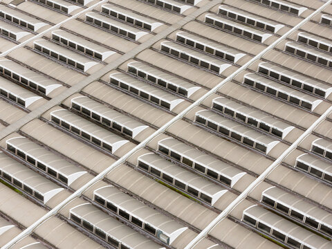 Aerial view of the industrial roof and repeating skylights of the Centrale Termoelettrica Santa Barbara Enel in Santa Barbara, Toscana, Italy.