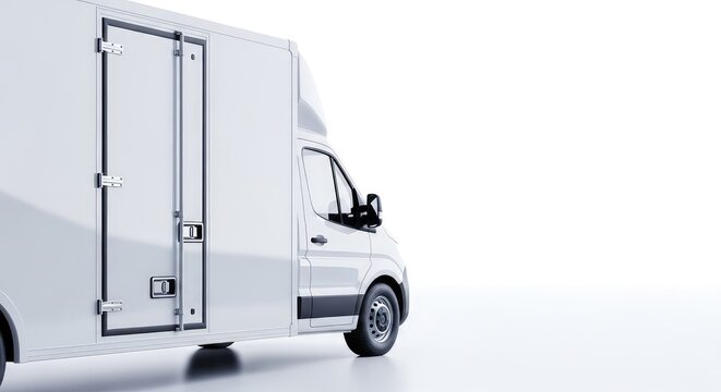 A side-angle view of a modern white insulated panel van featuring a smooth glossy finish and large rear double doors for cargo transport, shiny, doors, load