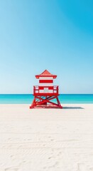Fototapeta premium A vibrant lifeguard tower stands alone on a tranquil beach showcasing serene sand and calm waters under a bright and clear blue summer sky, paradise, blue, sea