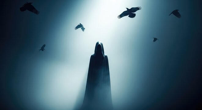 A tall dark cloaked shape remains motionless in a dense haunting mist as several black birds circle within a cold and gloomy atmosphere, mystery, cold, obscure