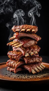 A stack of succulent roasted lamb ribs with wisps of smoke and scattered black pepper on the side, served on a dark rustic wooden platter, roasted, juicy, board
