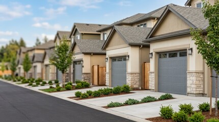 Fototapeta premium Medium shot of identical rental homes in a subdivision centered on the architecture of garage entrances with the neighborhood softly fading out of focus.