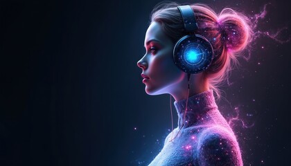 Naklejka premium Profile view of young woman wearing futuristic headphones. Glowing neon lights and digital particles surround her. She is immersed in virtual reality or cybernetic soundscapes, looking to the right.