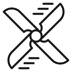 Black vector icon illustration of a rotating four-blade propeller or fan with motion lines, symbolizing wind energy, cooling ventilation, industrial turbine, or aircraft engine propulsion. © Md