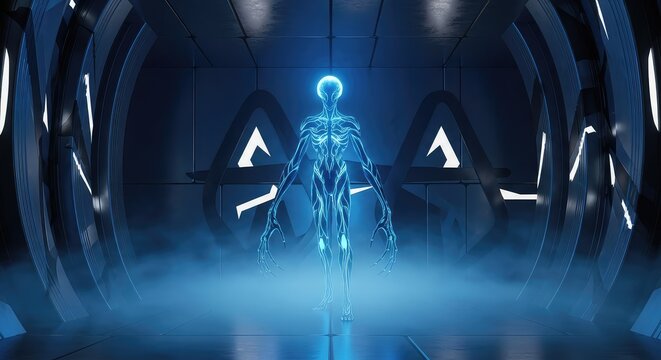 Eerie extraterrestrial lifeforms with elongated limbs and glowing skin stand inside a futuristic metallic hall filled with hazy blue mist, contact, weird, mystery
