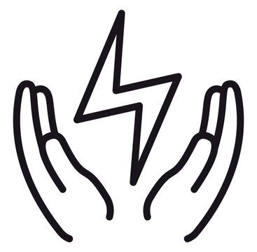 Black line art vector icon illustration of two hands cupping a lightning bolt symbol, representing energy conservation, power management, electrical safety, and sustainable green energy concepts.