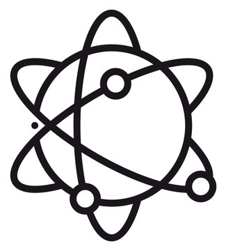 Minimalist black vector icon of an atom or planetary system with central nucleus and orbiting electrons, symbolizing science, physics, research, and technology in a clean line art style.