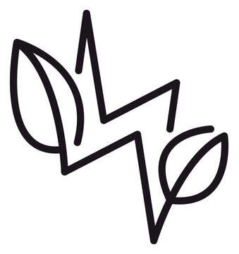 Eco-friendly green energy vector icon featuring a minimalist lightning bolt integrated with two leaves, representing sustainable power, renewable electricity, and environmental conservation.
