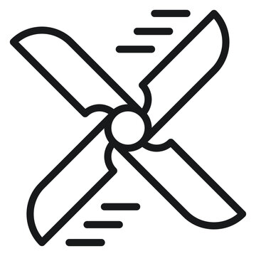 Black vector icon illustration of a rotating four-blade propeller or fan with motion lines, symbolizing wind energy, cooling ventilation, industrial turbine, or aircraft engine propulsion.