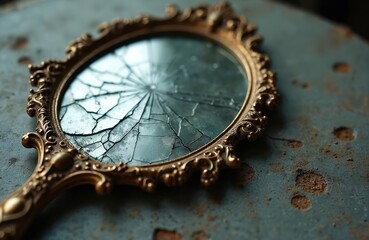 Fototapeta premium Broken antique hand mirror with ornate gold frame lies on rough textured surface. Shattered glass reflects light creating abstract pattern. Damaged accessory shows signs of age.