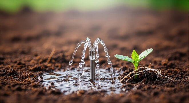 Macro view of a precision watering emitter releasing moisture onto rich brown earth at the base of a healthy seedling in a lush garden bed, seedling, leaf, environment