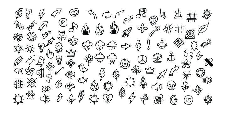 Collection of various black and white symbolic icons and signs