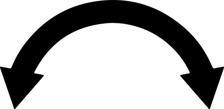 Black Curved double sided arrow pointing downwards on transparent background