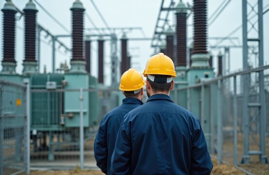 Two engineers in hard hats stand in substation inspecting high-voltage transformers. Workers in uniform check electrical equipment for maintenance. Power line infrastructure safety inspection.