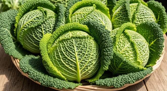 Fresh heads of wrinkly green savoy cabbage in a close-up view