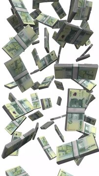 Vertical Uruguay Money, Falling Uruguayan Peso Bills, Latin America Finance Cash Stacks, 4K