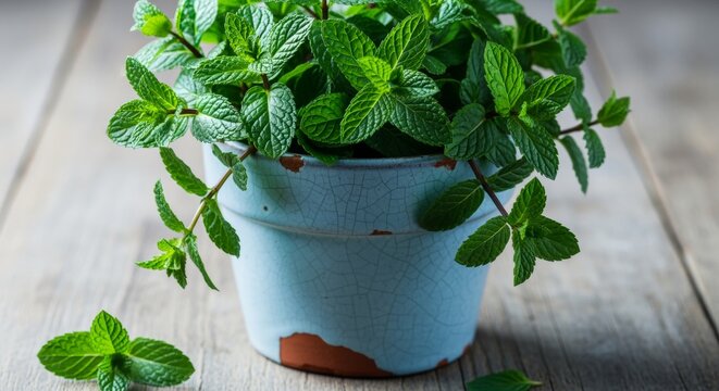 Fresh Mint Plant Growing in a Blue Ceramic Pot on a Wooden Surface