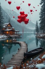 Fototapeta premium Cozy wooden lodge on snowy lake shore with heart balloons. Rustic pier, canoe, winter mountain landscape. Romantic getaway scene with calm water and fir trees.