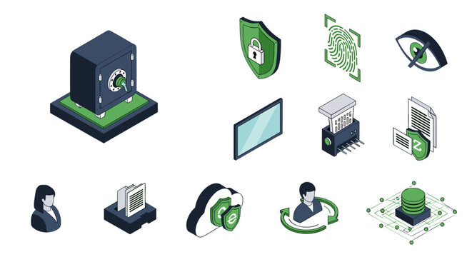 Collection of cybersecurity and data protection icons and illustrations