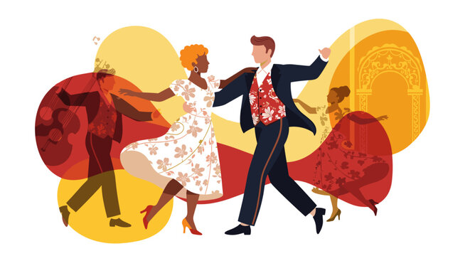 Couple dancing in vintage style costumes with lively background