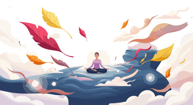 Person practicing meditation on a rock surrounded by colorful leaves