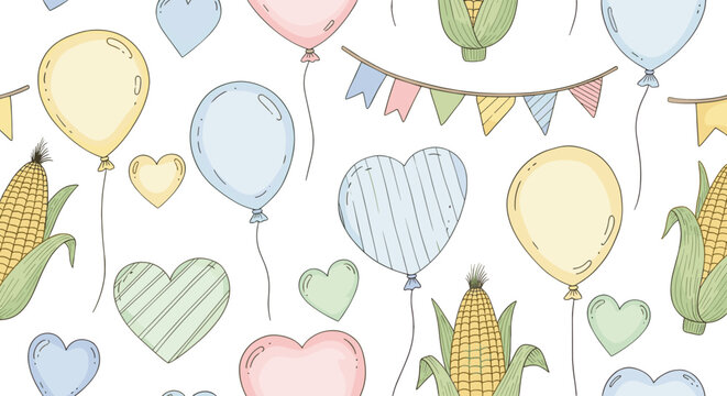 Cute pastel balloons and hearts with bunting on a light background