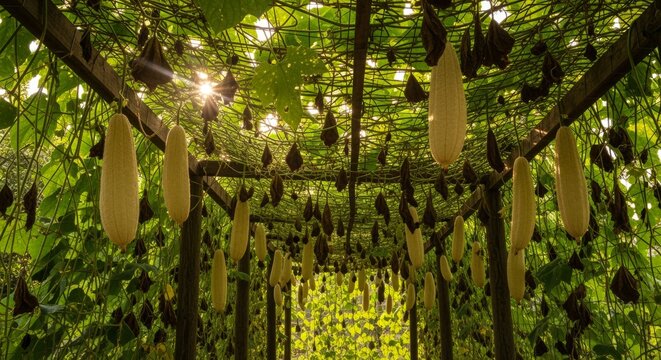 Abundant gourds hanging from a lush garden canopy in sunlight