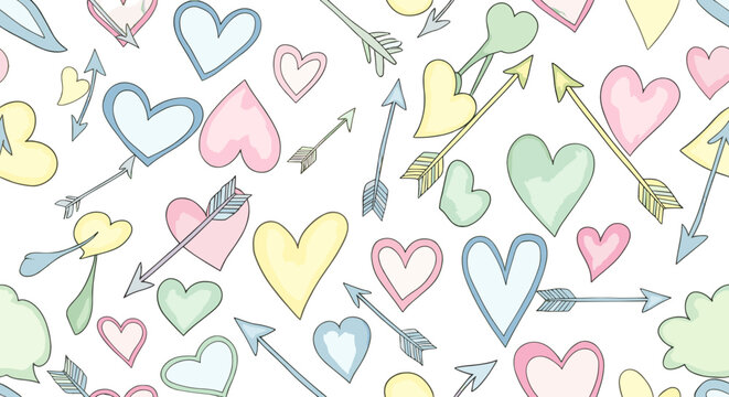 Colorful handdrawn hearts and arrows pattern