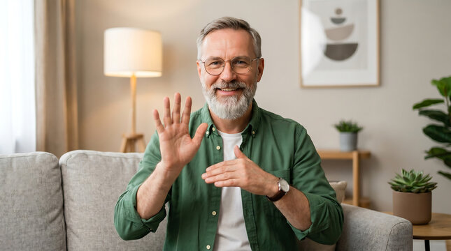 happy mature man using sign language during a video call while sitting on a sofa in a modern living room communicating with hand gestures for deaf and hard of hearing accessibility