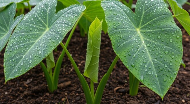 New Green Leaf Unfurling Amidst Wet Elephant Ear Leaves in a Garden
