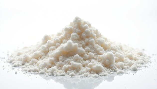 Pile of white cassava starch powder on isolated white background. Ingredient for baking and cooking healthy gluten-free food. Natural tapioca flour texture.