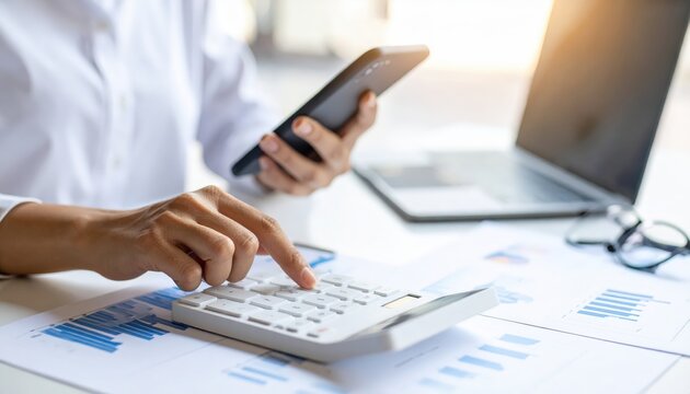Close-up of hands using a calculator and smartphone, with a laptop and glasses in the background, symbolizing financial planning and analysis
