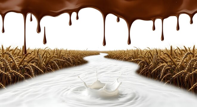 melted chocolate dripping on white background, wheat and milk 